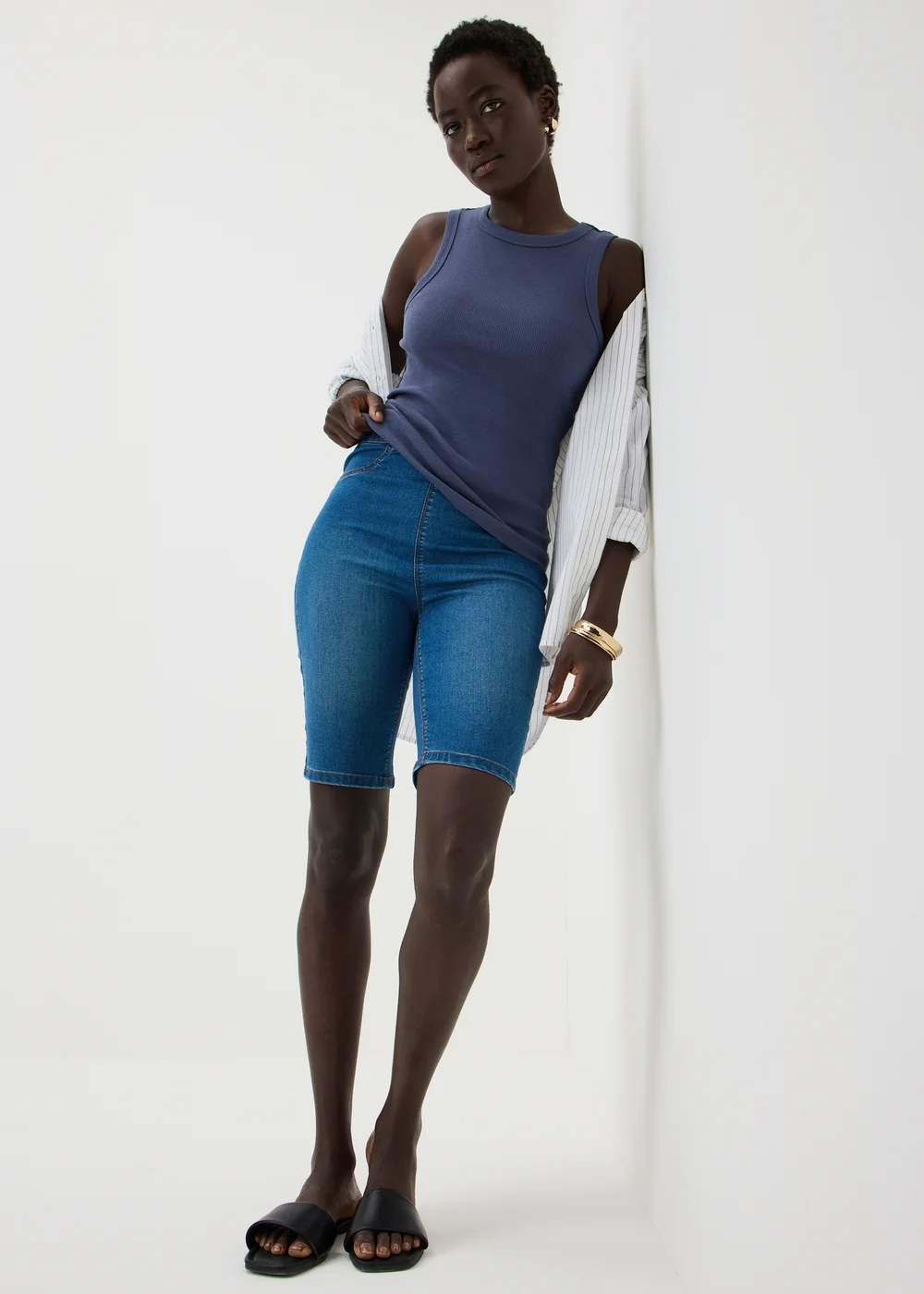Mid Wash Rosie Stretch Knee Length Denim Shorts - 8 Image 1