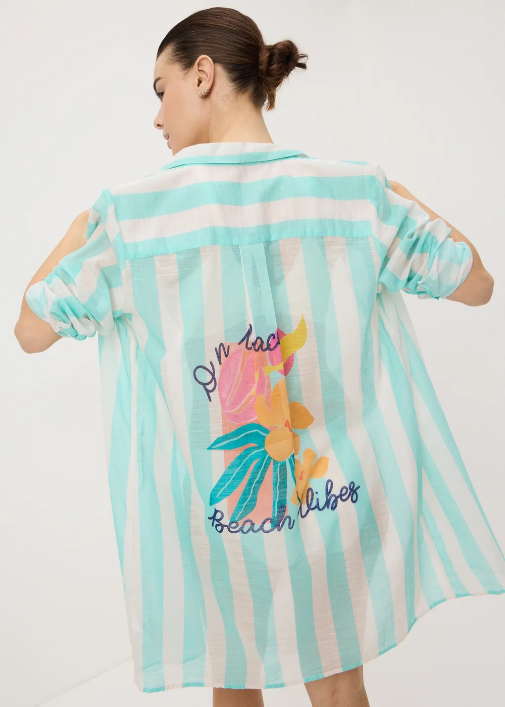 Aqua Blue Stripe Back Graphic Beach Shirt - XS Image 1