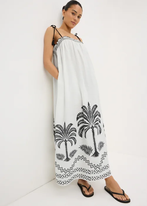 White Palm Tree Shirred Beach Dress - XS | Matalan White Palm Tree Shirred Beach Dress - XS | Matalan