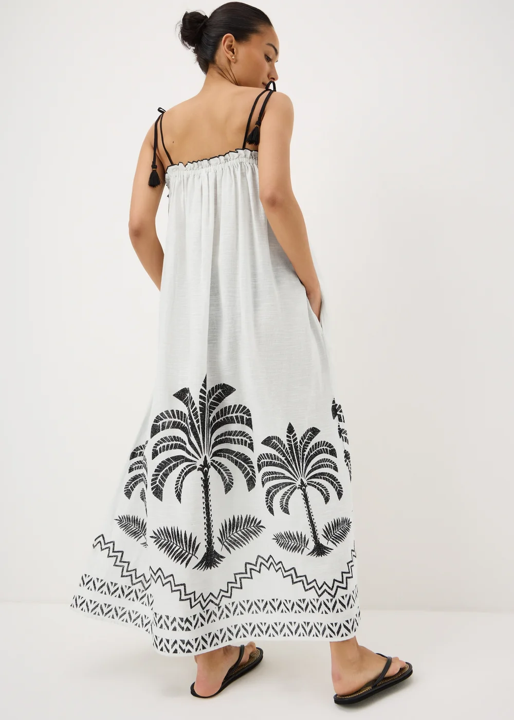 White Palm Tree Shirred Beach Dress - M Image 2