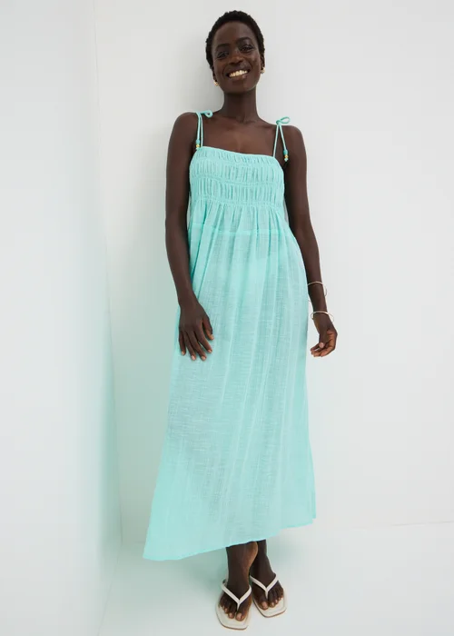 aqua blue beach dress Buy Pour Moi Aqua Blue/White Emma Strapless Shirred Bodice Woven Maxi Beach Dress from Next USA