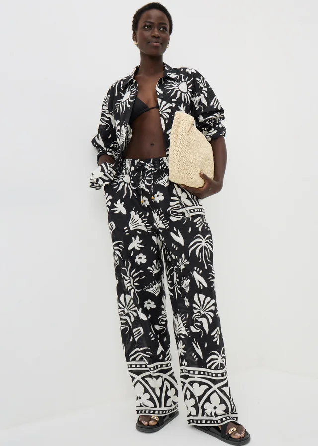 Black Monochrome Border Print Co Ord Trousers