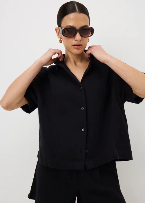 Black Double Cloth Co Ord Beach Shirt - M Image 2