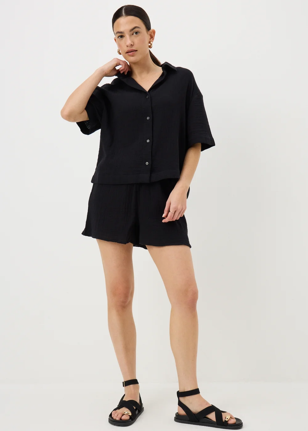 Black Double Cloth Co Ord Beach Shirt - M Image 1