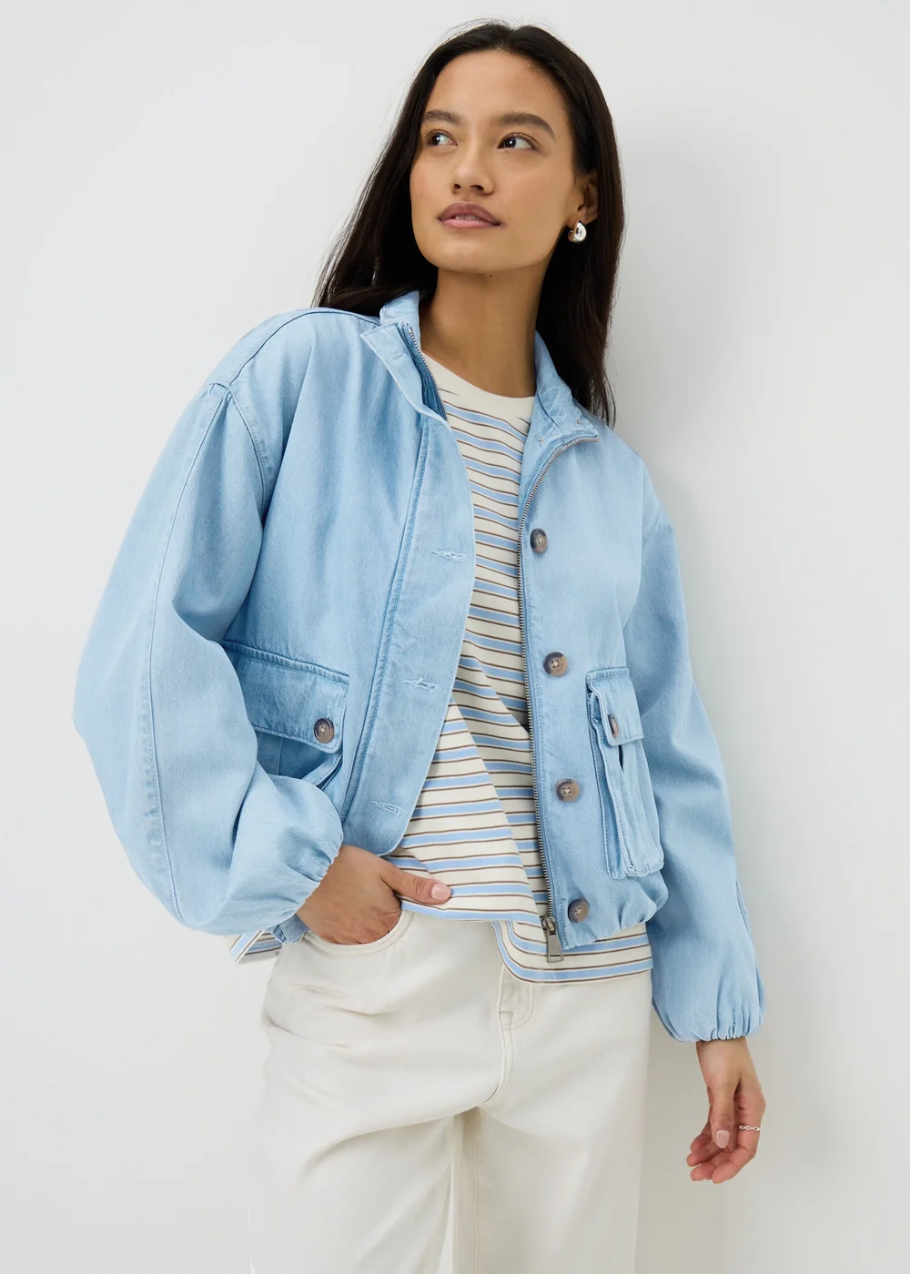 Blue Denim Funnel Neck Utility Jacket - S Image 1