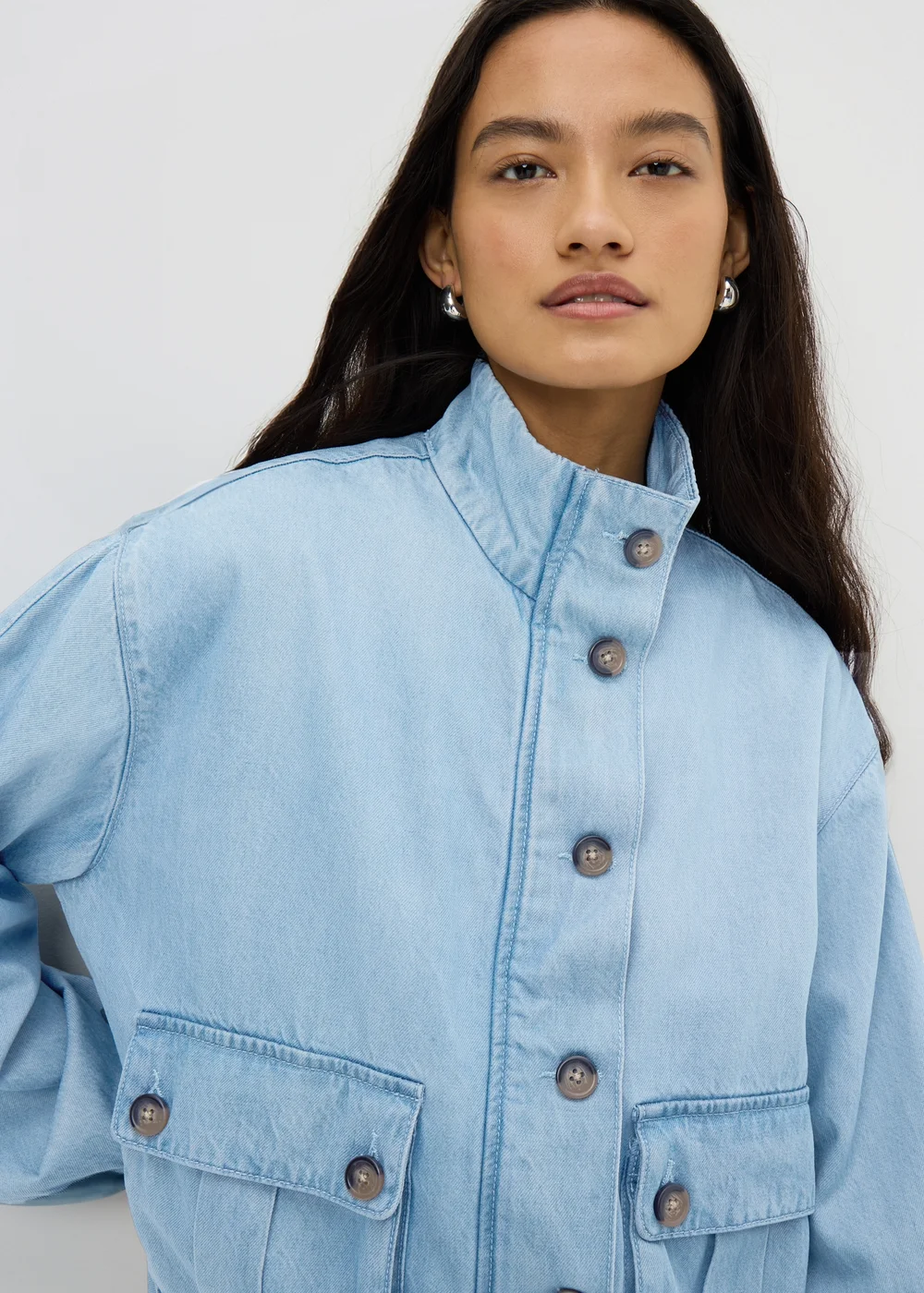 Blue Denim Funnel Neck Utility Jacket - S Image 3