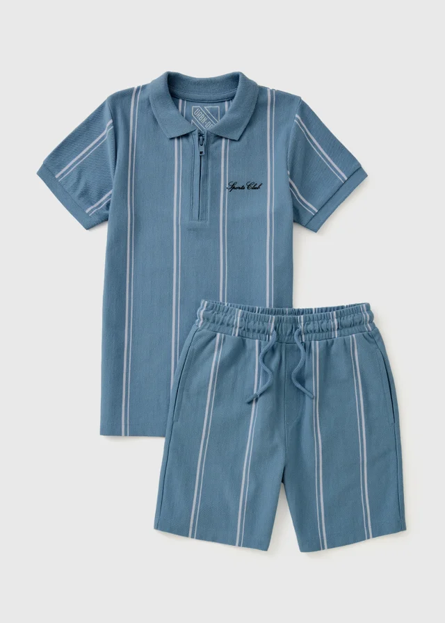 Boys Blue Pique Stripe Polo & Shorts Set (7-15yrs)