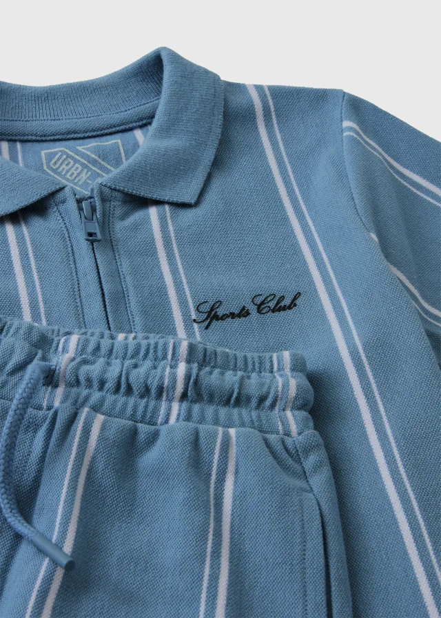 Boys Blue Pique Stripe Polo & Shorts Set (7-15yrs)