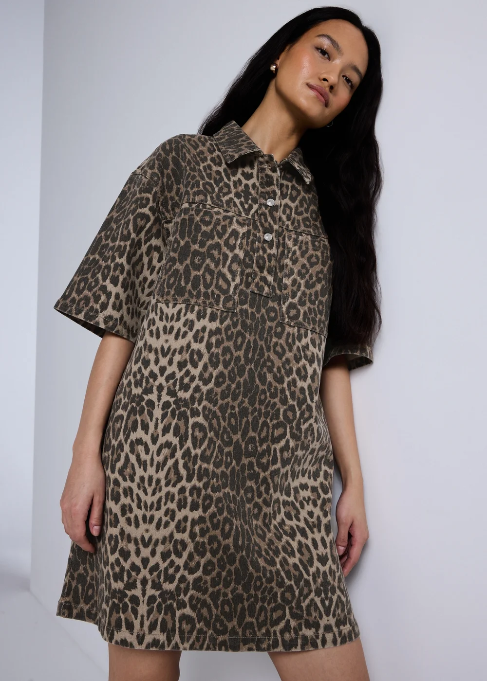 Brown Leopard Print Denim Mini Shirt Dress - 8 Brown Leopard Print Denim Mini Shirt Dress - 8