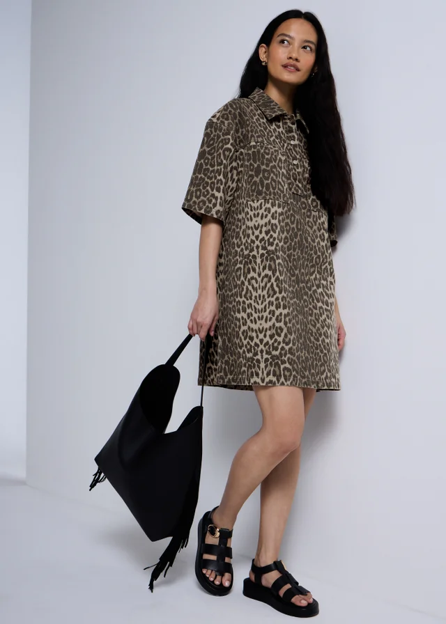 Brown Leopard Print Denim Mini Shirt Dress