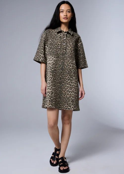 Brown Leopard Print Denim Mini Shirt Dress - 8 Brown Leopard Print Denim Mini Shirt Dress - 8