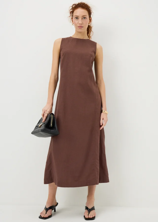 Brown Linen Rich Midi Shift Dress