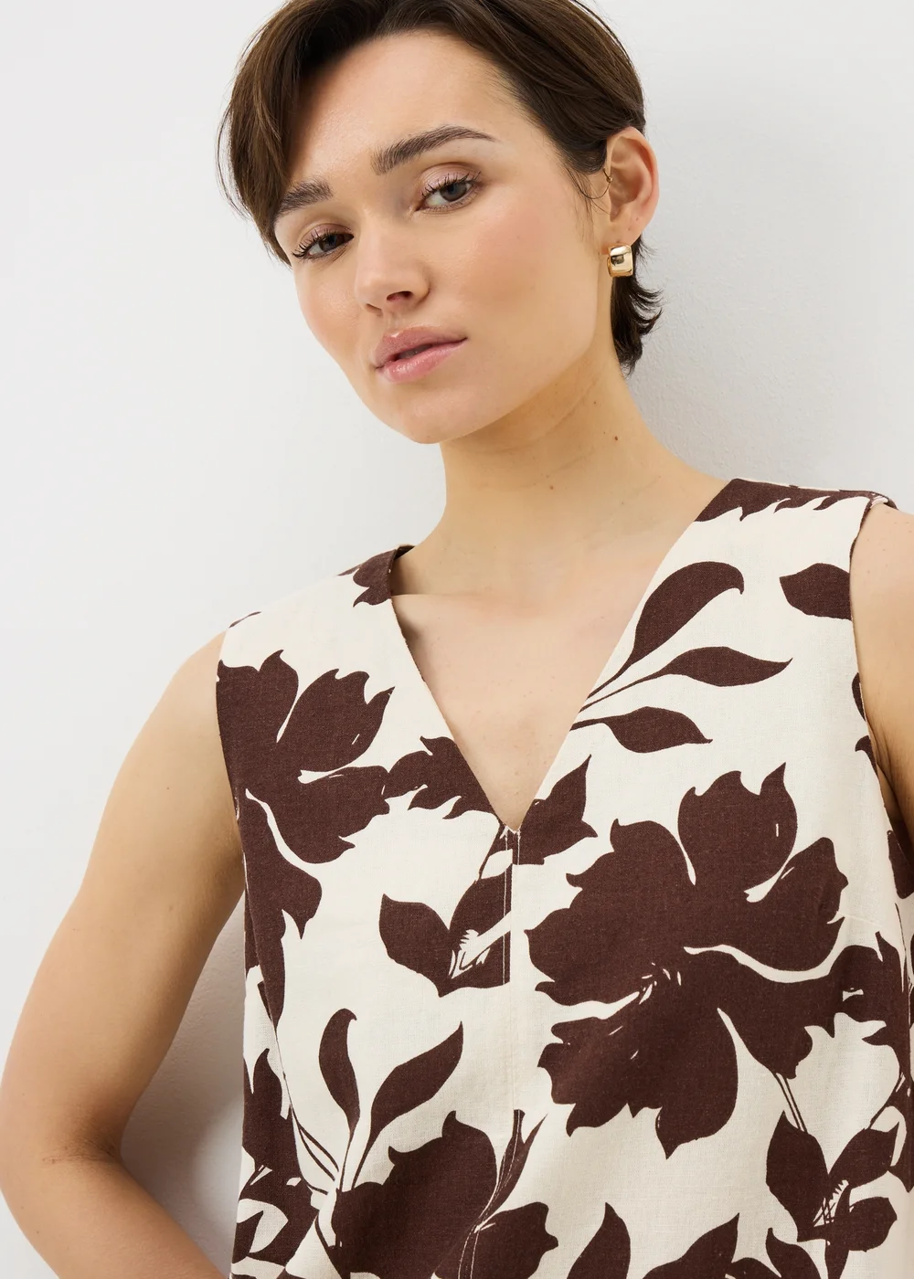 Brown Floral Linen Rich Mini Shift Dress - 14 Image 3