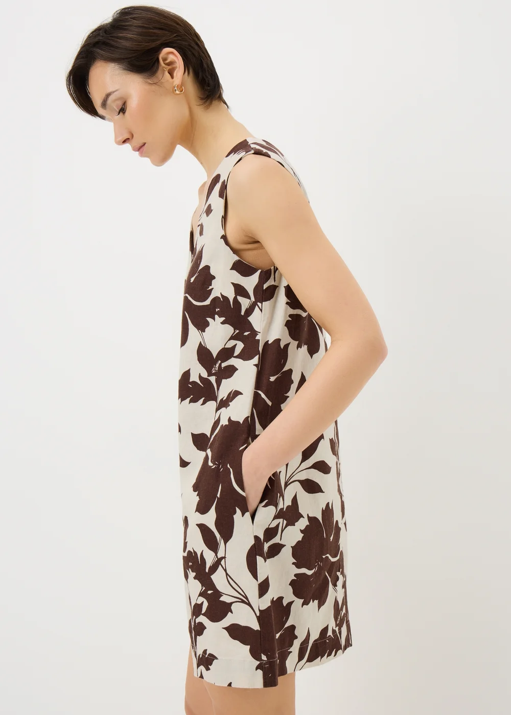Brown Floral Linen Rich Mini Shift Dress - 14 Image 2