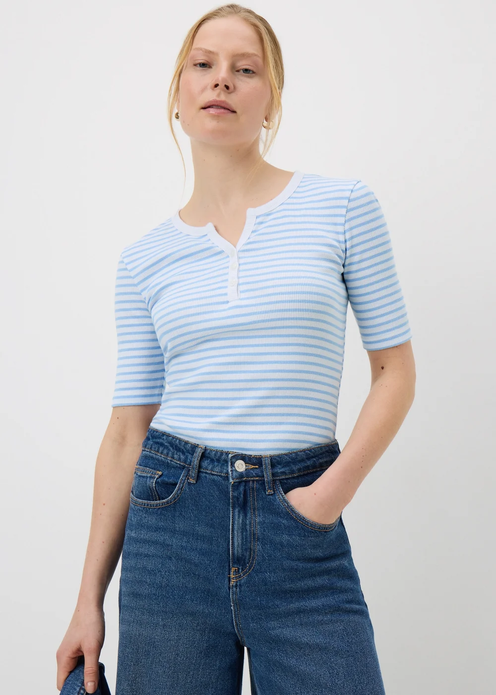 Blue Stripe Short Sleeve Henley T-Shirt - 8 Image 1