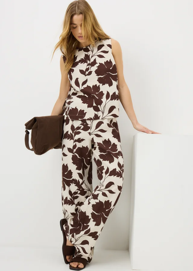 Chocolate Brown Leaf Linen Wide Leg Co Ord Trousers