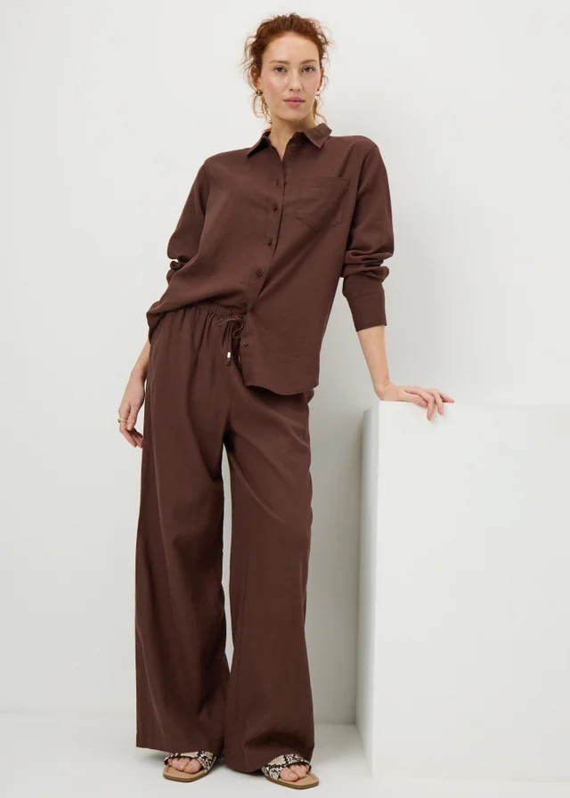 Chocolate Brown Linen Blend Wide Leg Co Ord Trousers