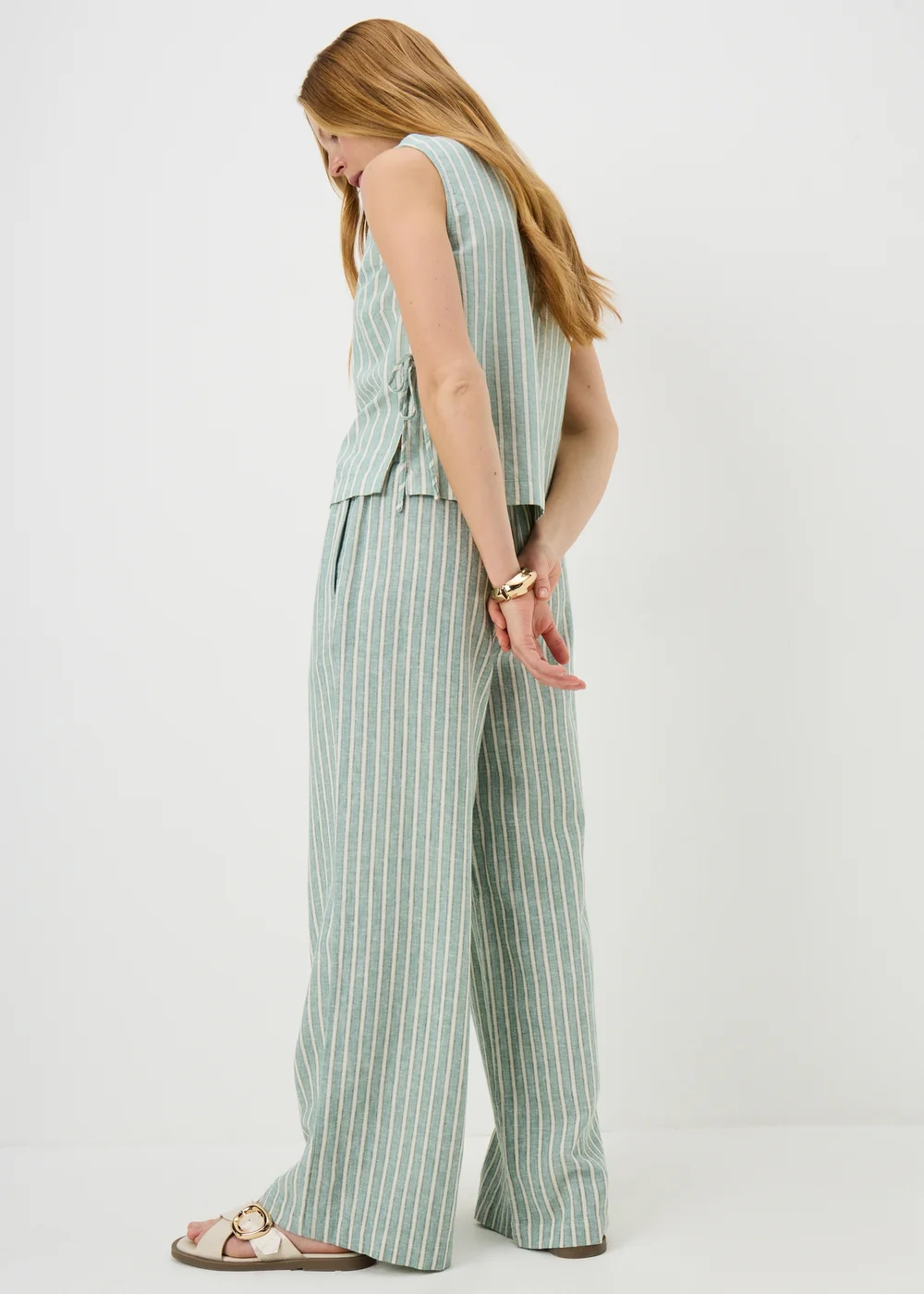 Green Stripe Linen Wide Leg Co Ord Trousers - 20/L31 Image 3