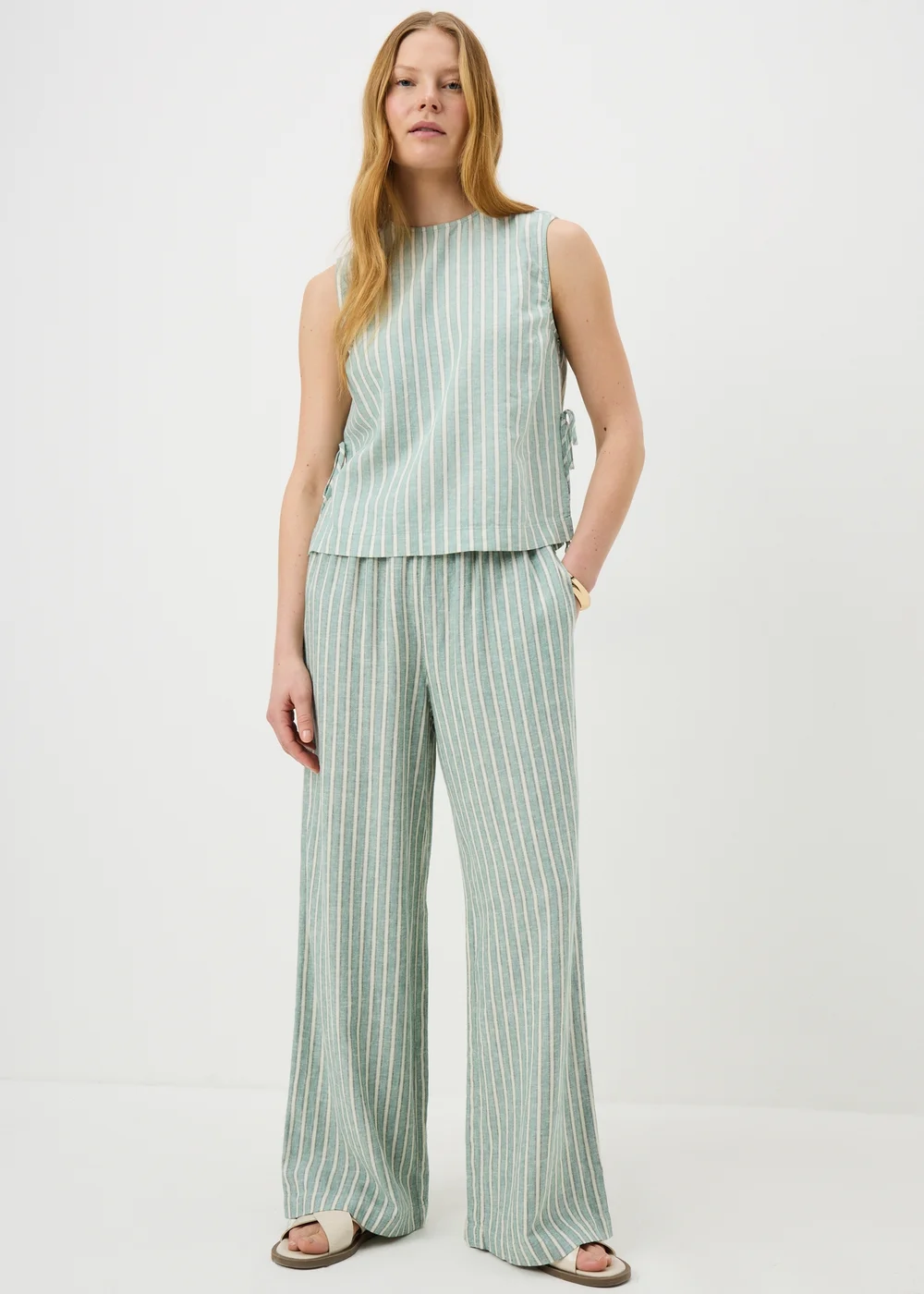 Green Stripe Linen Wide Leg Co Ord Trousers - 20/L31 Image 1