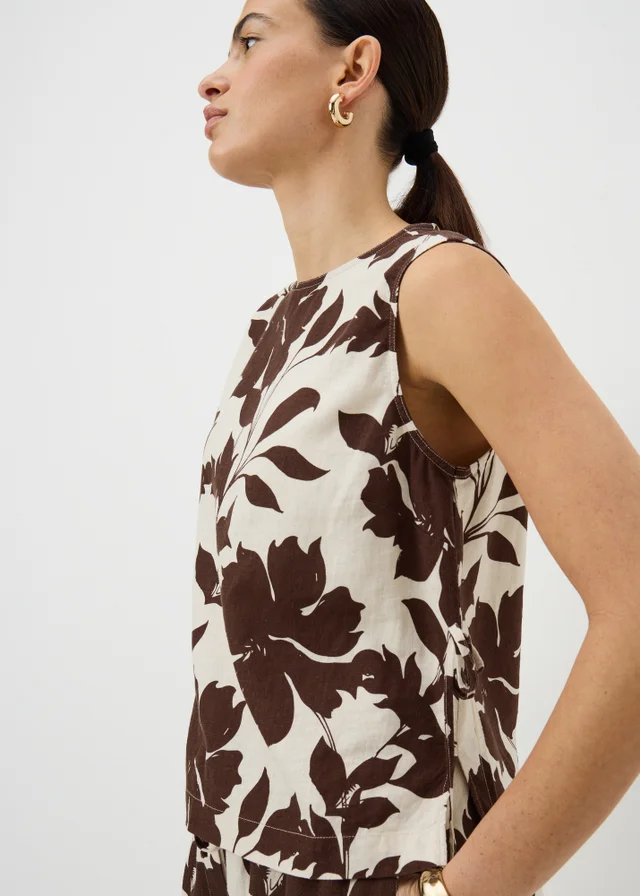 Brown Floral Linen Blend Co Ord Vest Top