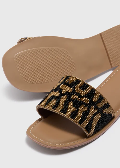 Brown Real Leather Leopard Print Beaded Mule Sandals - 4 Image 2