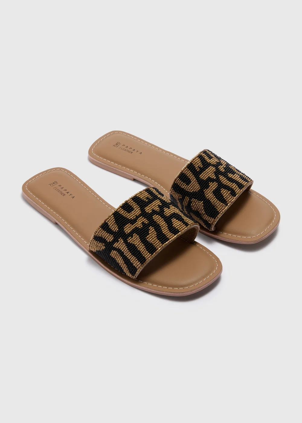 Brown Real Leather Leopard Print Beaded Mule Sandals - 4 Image 1