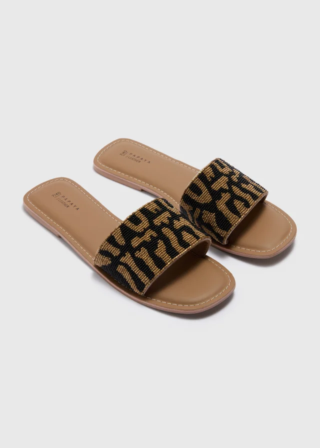 Brown Real Leather Leopard Print Beaded Mule Sandals