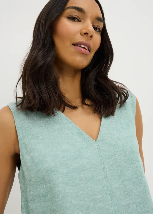 Teal V-Neck Linen Rich Mini Dress - 8 Image 2