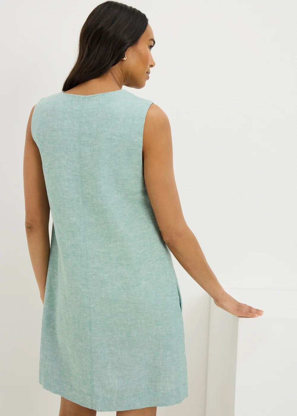 Teal V-Neck Linen Rich Mini Dress - 8 Image 3