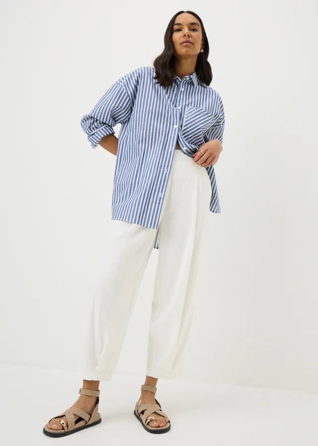 White Linen Blend High Waist Carrot Leg Trousers