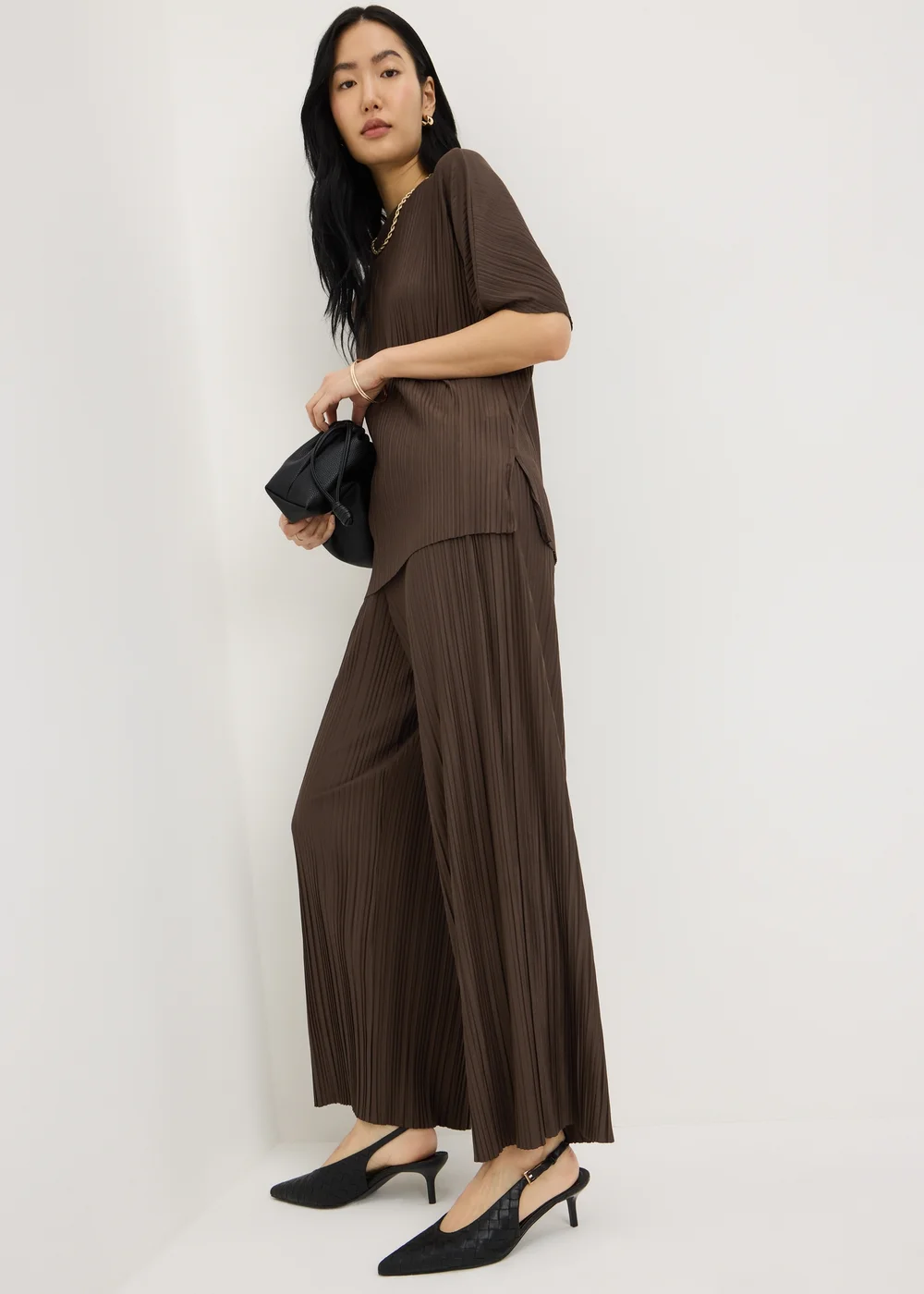 Chocolate Brown Plisse Wide Leg Co Ord Trousers - 22/L29 Image 1