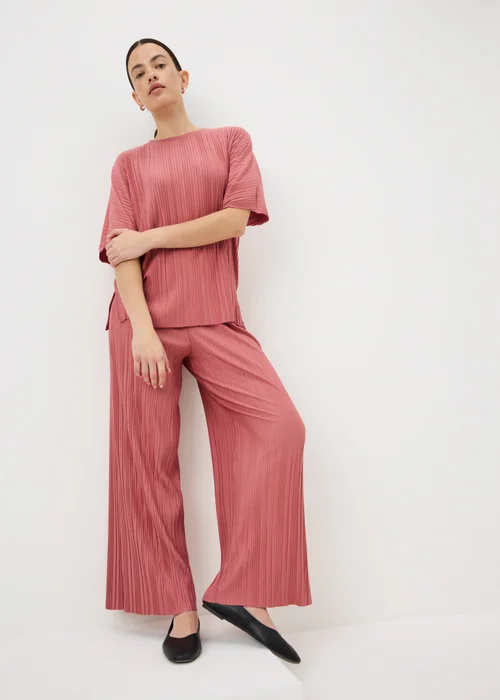 Pink Plisse Wide Leg Co Ord Trousers - 14/L29 Image 1