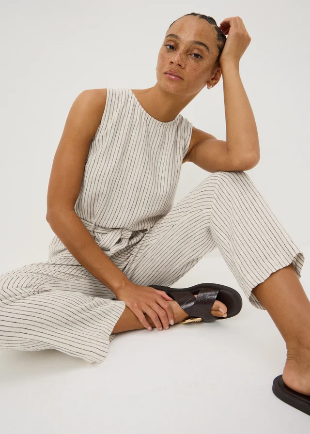 Stone Stripe Linen Blend Belted Jumpsuit