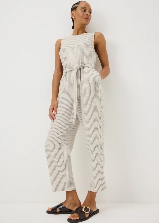 Stone Stripe Linen Belted Jumpsuit
