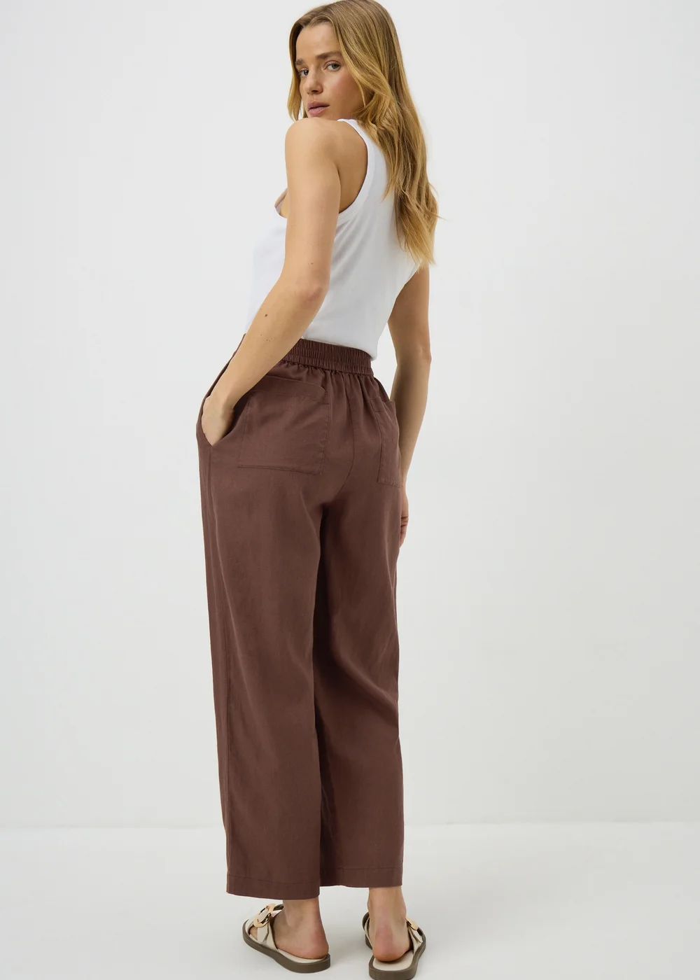 Chocolate Brown Linen High Waist Carrot Leg Trousers - 8 Image 3