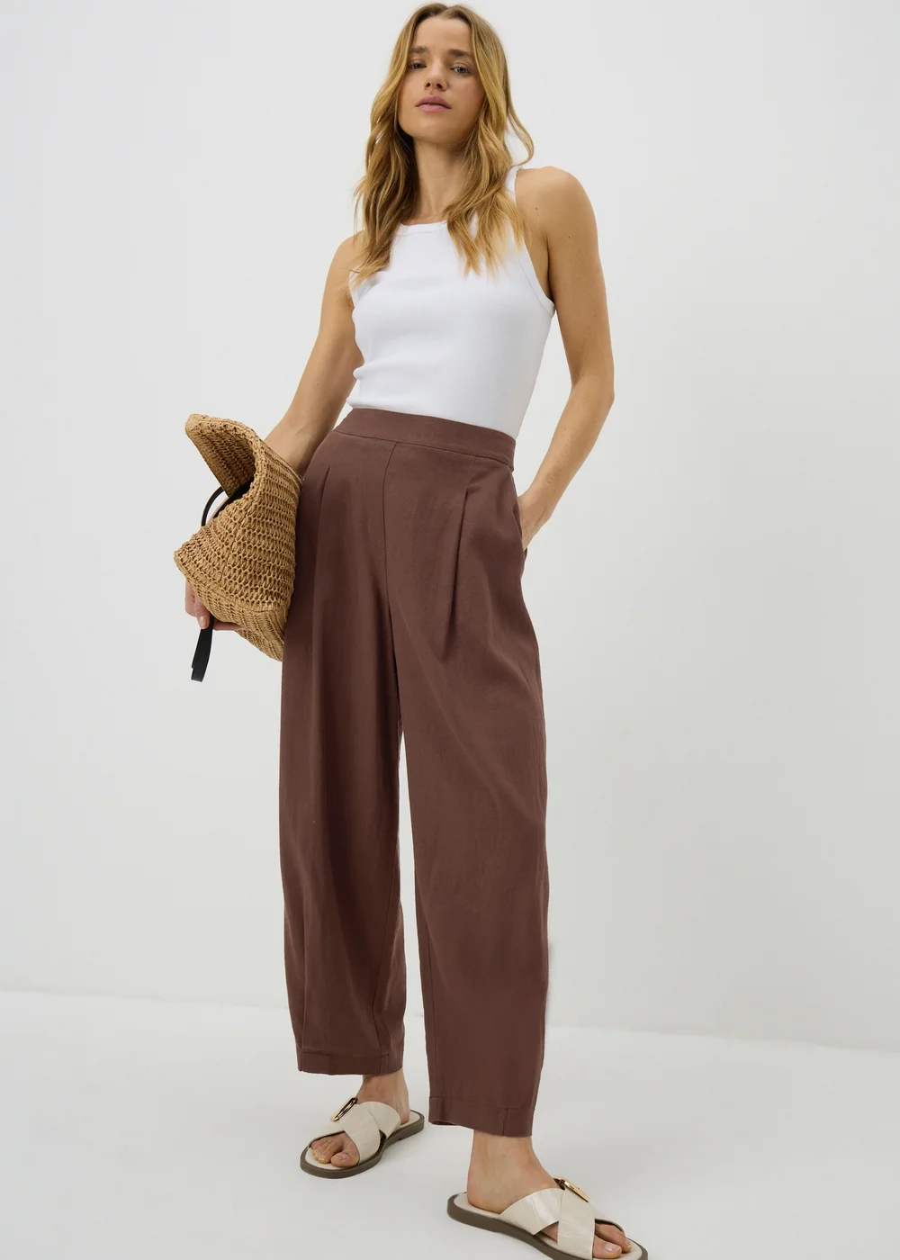 Chocolate Brown Linen High Waist Carrot Leg Trousers - 8 Image 1
