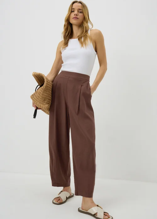 Chocolate Brown Linen High Waist Carrot Leg Trousers - 8 Image 1