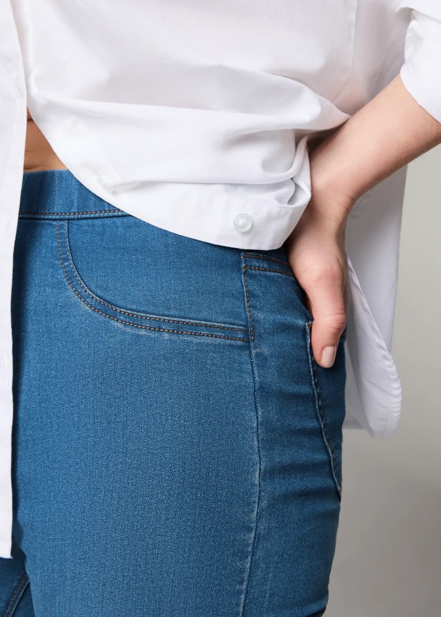 Mid Wash Stretch High Rise Flare Jeggings