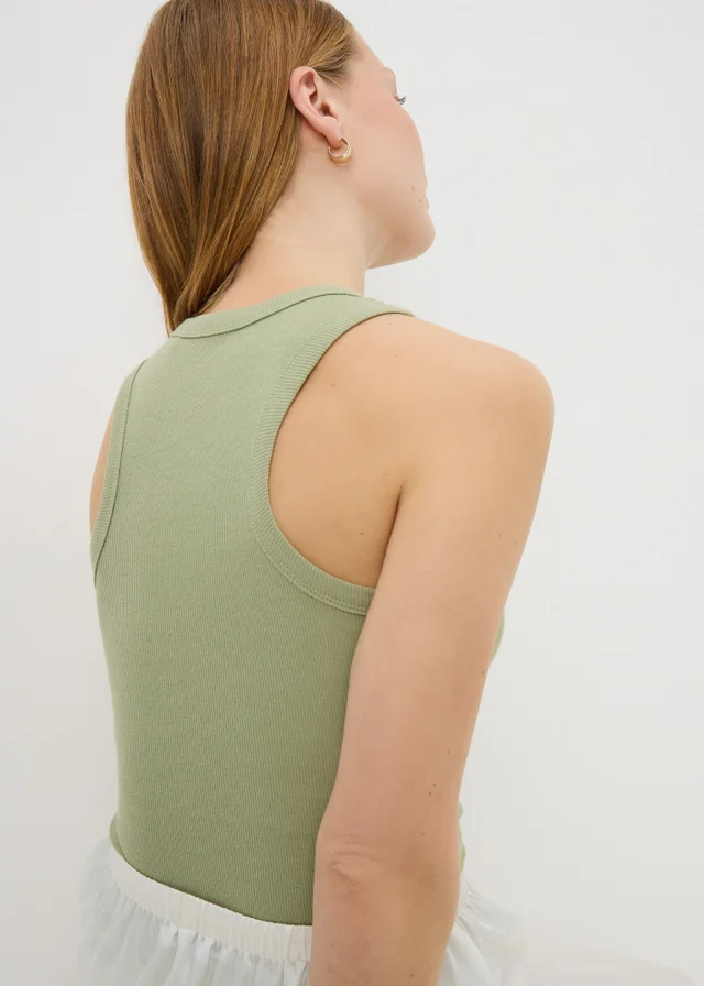 Olive Ribbed High Neck Vest Top
