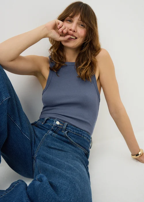 Slate Ribbed High Neck Vest Top - 20 Image 1