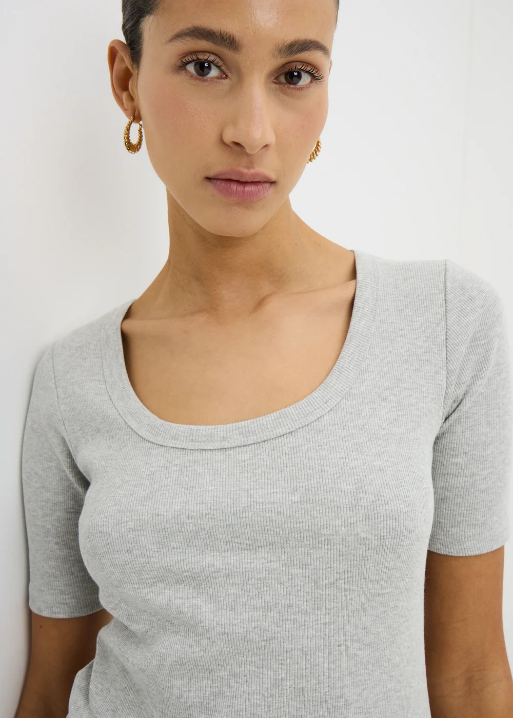 Grey Marl Ribbed Scoop Neck T-Shirt - 10 Image 2
