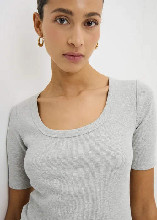 Grey Marl Ribbed Scoop Neck T-Shirt - 10 Image 2