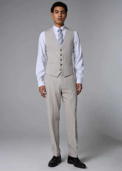 Taylor & Wright Langham Stone Linen Blend Herringbone Slim Suit Trousers - 34 Waist 33 Leg Image 3