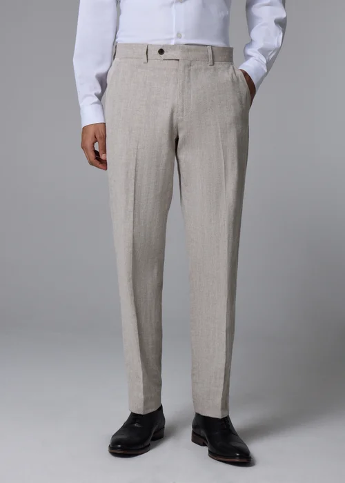 Taylor & Wright Langham Stone Linen Blend Herringbone Slim Suit Trousers - 34 Waist 33 Leg Image 1
