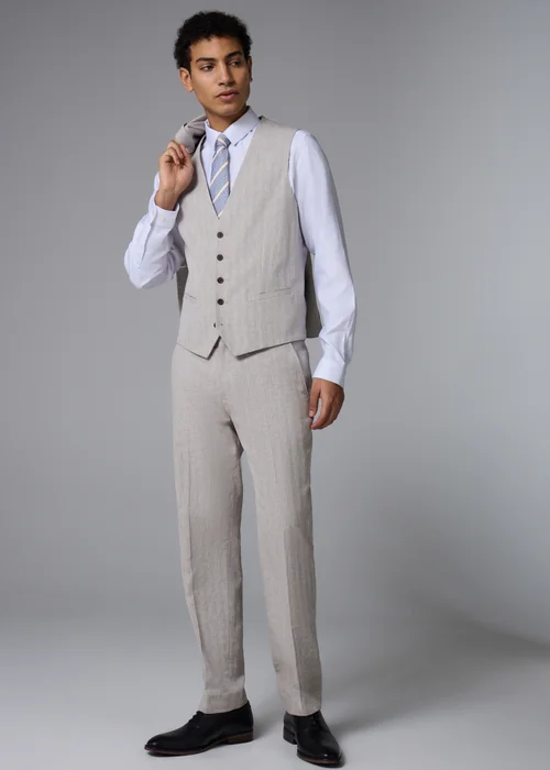 Taylor & Wright Langham Stone Linen Blend Herringbone Suit Waistcoat - Extra small Image 2