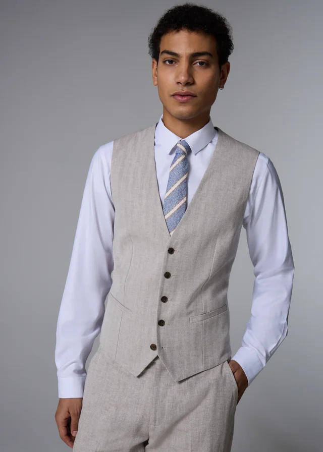 Taylor & Wright Langham Stone Linen Blend Herringbone Suit Waistcoat