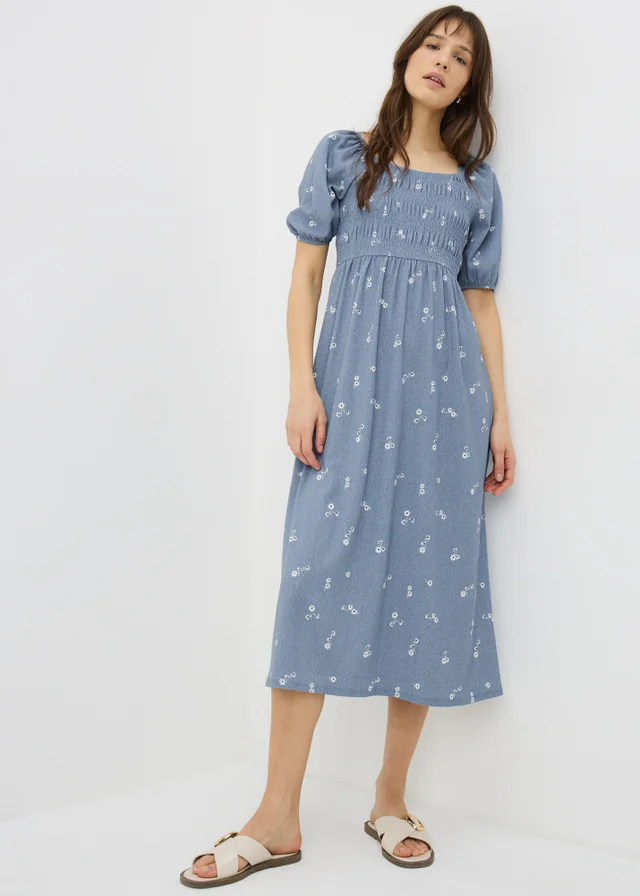 Blue Ditsy Floral Jersey Shirred Midi Dress