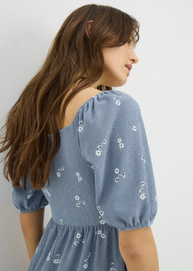 Blue Ditsy Floral Jersey Shirred Midi Dress