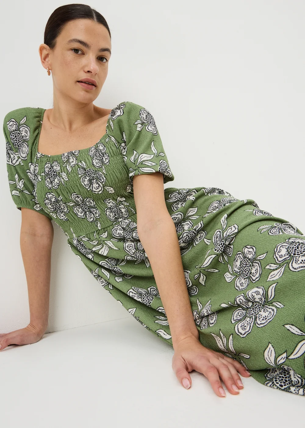 Green Floral Shirred Midi Dress - 26 | Matalan Green Floral Shirred Midi Dress - 26 | Matalan