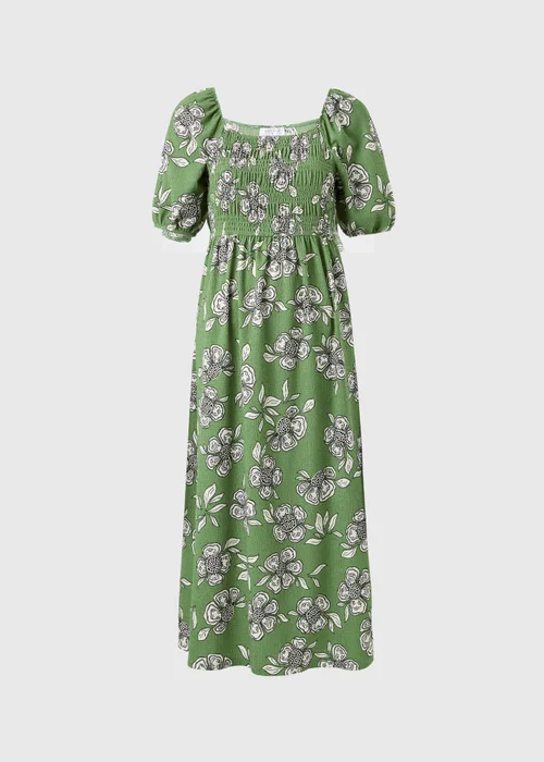 Green Floral Shirred Midi Dress - 8 Image 4